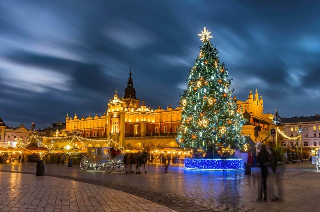 gettyimages 1093725386 christmas market in the market square and cloth hall krakow poland